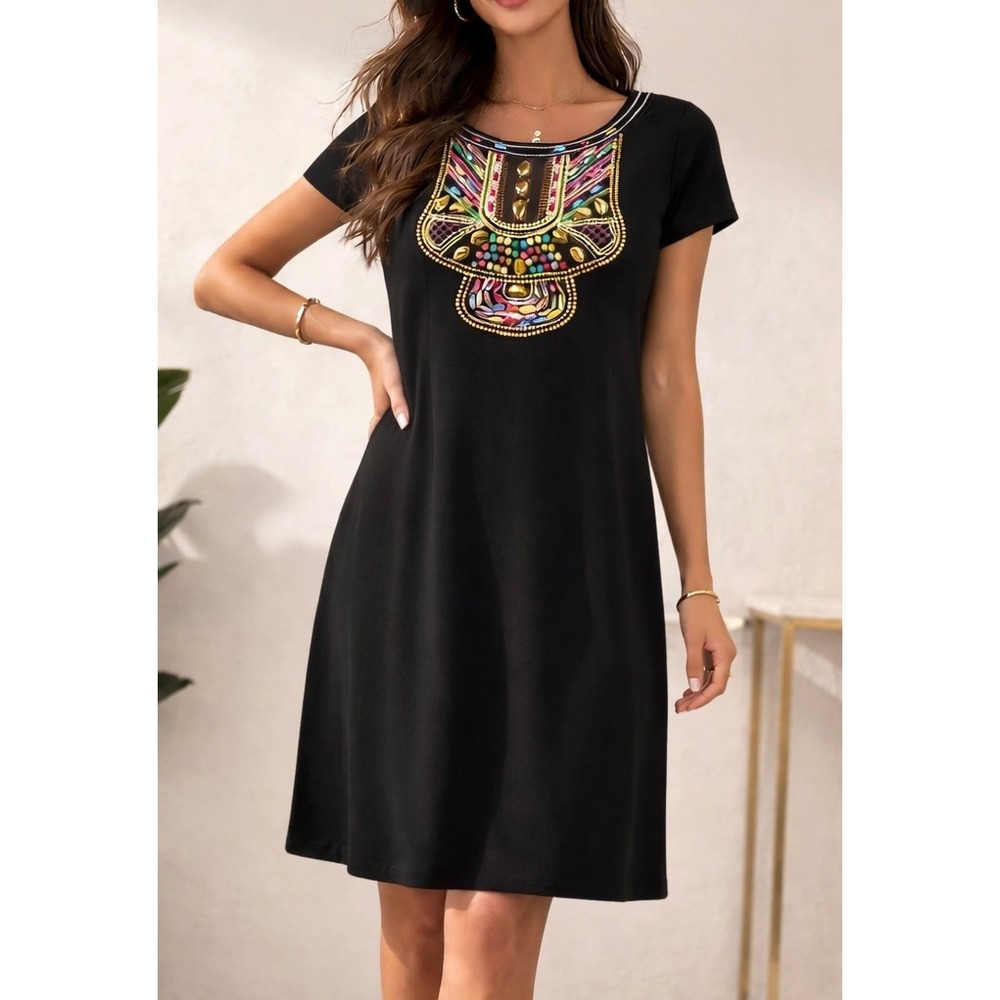 Ronni Nicole‎ Womens 6 S Tunic Dress Shift Embellished Neckline Black Tee Shirt